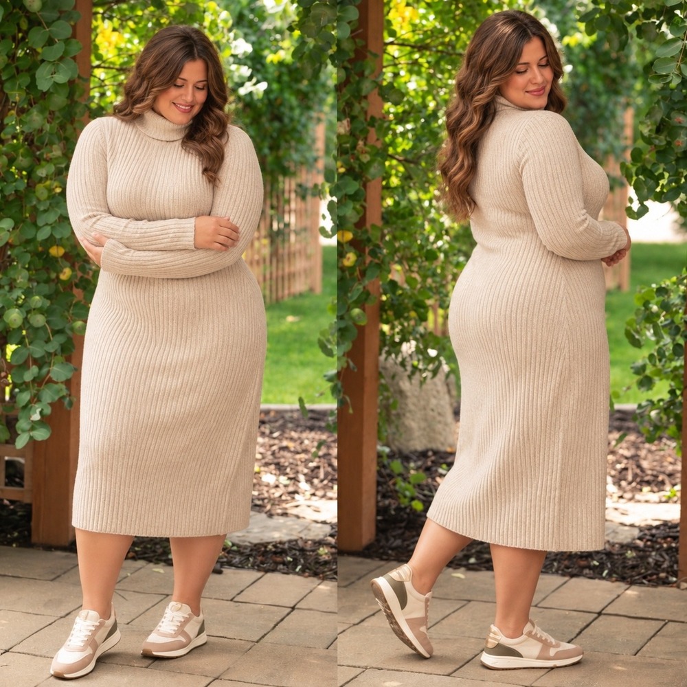 Inherit Juliette Turtleneck Maxi Dress Oatmeal Ribbed Knit Sweater Dress 4XL NWT